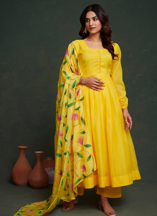 Viscose Organza Yellow Casual Wear Hand Painted Readymade Anarkali Suit